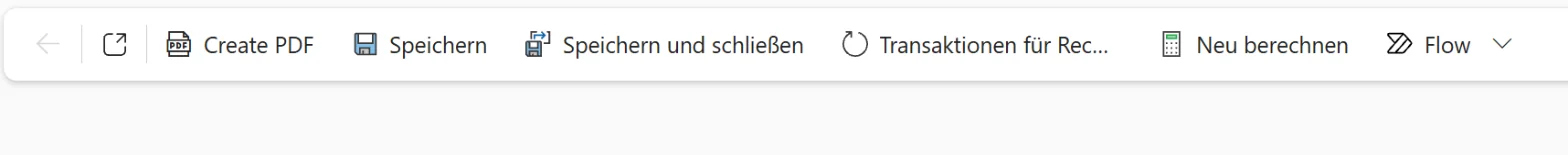 Die Befehlsleiste eines Rechnungsformulars in Dynamics mit dem Button »Create PDF« neben »Speichern«.