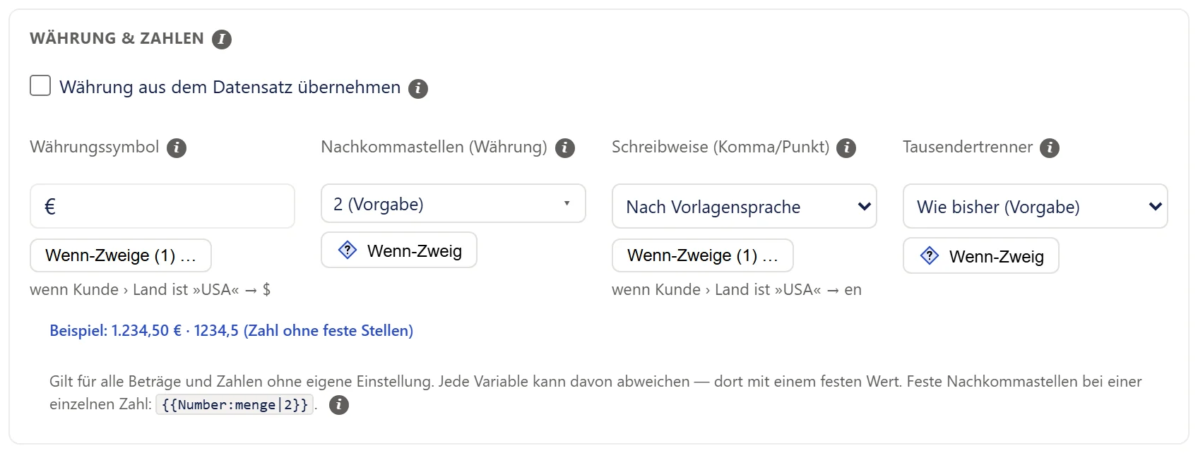 Der Abschnitt »Währung & Zahlen« der Vorlageneinstellungen: Währungssymbol €, mit Wenn-Zweig für Kunden in den USA auf $, Nachkommastellen, Schreibweise nach Vorlagensprache und Tausendertrenner.