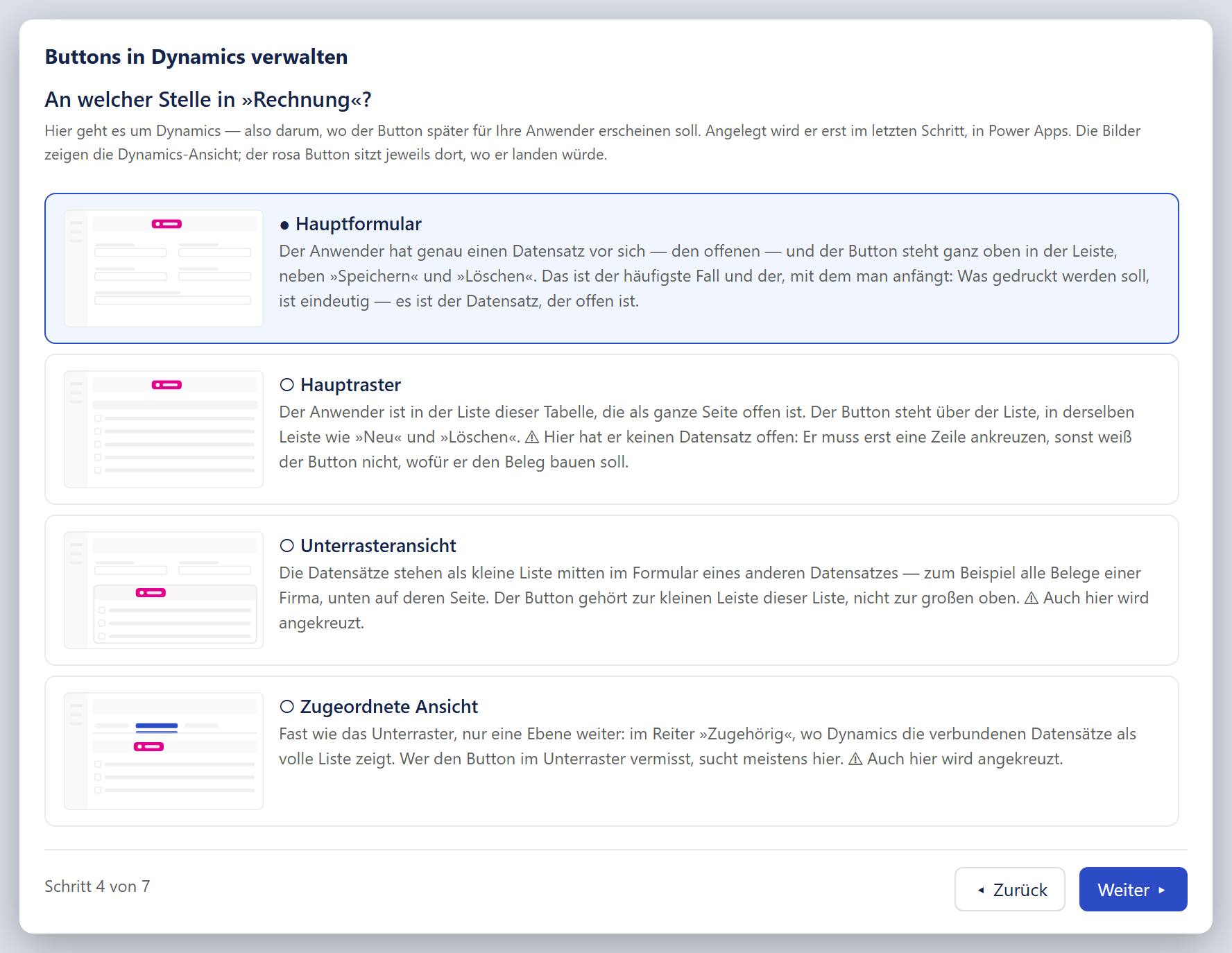Das Fenster »Buttons in Dynamics verwalten« im Schritt »An welcher Stelle in »Rechnung«?«. Unter einem kurzen Erklärtext stehen vier Karten untereinander, jede mit einer kleinen Skizze links, dem Titel und einer Beschreibung rechts. Die erste Karte »Hauptformular« ist ausgewählt (blauer Rahmen, hellblauer Grund, ausgefüllter Punkt); ihre Skizze zeigt ein Formular, in dessen grauer Leiste oben ein rosa Button steht. Die Skizze der Karte »Hauptraster« zeigt eine Liste mit Zeilen und Ankreuzfeldern; der rosa Button steht in der Leiste über der Liste. Bei »Unterrasteransicht« liegt eine kleine umrandete Liste mitten in einem Formular, der rosa Button sitzt in deren eigener kleiner Leiste. Bei »Zugeordnete Ansicht« zeigt die Skizze eine Reiterleiste mit einem blau markierten Reiter und darunter eine Liste mit dem rosa Button. Die Fußleiste zeigt »Schritt 4 von 7«, »Zurück« und ein blaues »Weiter ▸«.