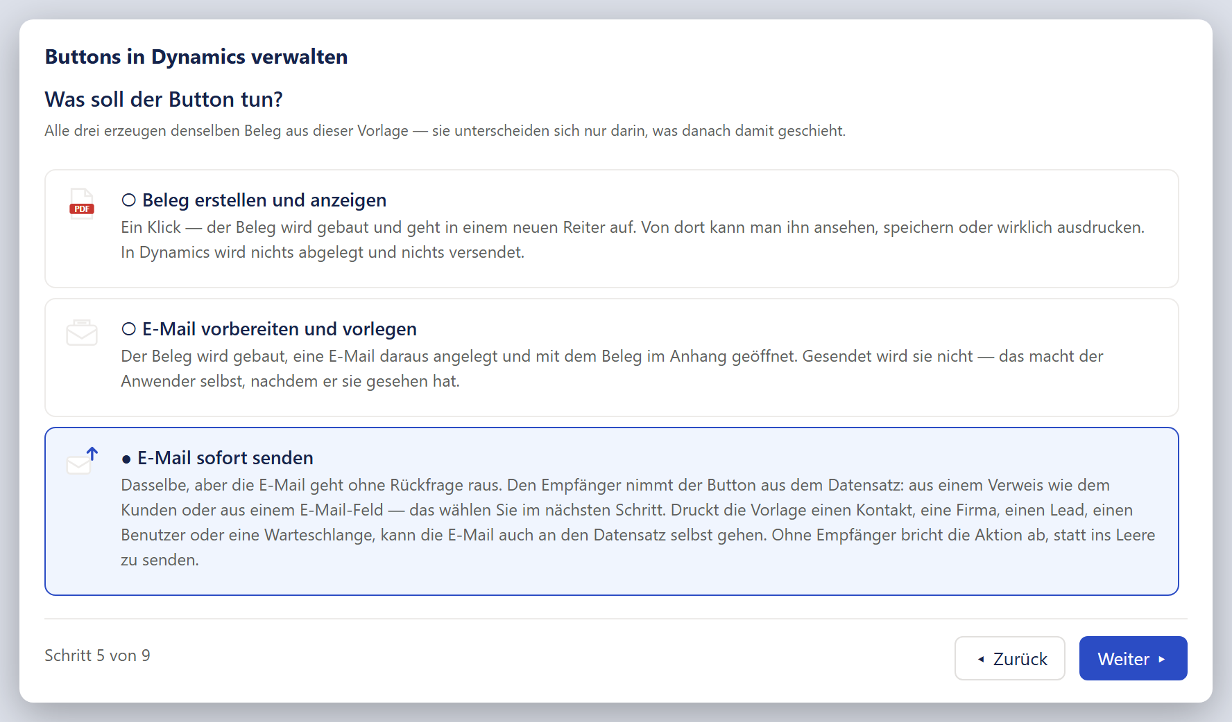 Das Fenster »Buttons in Dynamics verwalten« im Schritt »Was soll der Button tun?«. Drei Karten stehen untereinander: »Beleg erstellen und anzeigen« mit dem Symbol eines Blattes mit rotem PDF-Etikett, »E-Mail vorbereiten und vorlegen« mit einem blassen Briefumschlag und »E-Mail sofort senden« mit einem Briefumschlag mit blauem Pfeil nach oben. Die dritte ist ausgewählt (blauer Rahmen, hellblauer Grund); ihr Text sagt, dass der Button den Empfänger aus dem Datensatz nimmt, aus einem Verweis wie dem Kunden oder aus einem E-Mail-Feld, und dass man das im nächsten Schritt wählt. In der Fußleiste stehen »Schritt 5 von 9«, »Zurück« und ein blaues »Weiter«.