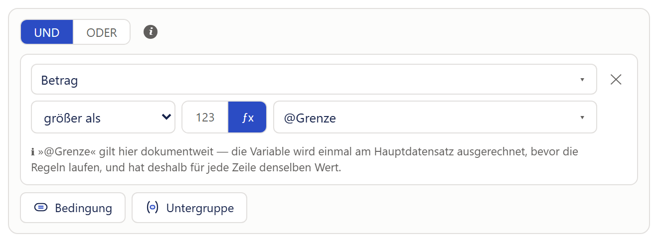 Eine Bedingung im Filter einer Regel. Oben links der Umschalter »UND | ODER« mit Info-Zeichen. Darunter ein breiter Knopf mit dem Feld »Betrag« und rechts daneben ein Kreuz. In der Zeile darunter die Auswahlliste »größer als«, ein kleiner Umschalter mit den Hälften »123« und »ƒx« (»ƒx« blau, gewählt) und ein breiter Knopf mit »@Grenze« und einem Pfeil. Darunter in grauer Schrift: »ℹ »@Grenze« gilt hier dokumentweit — die Variable wird einmal am Hauptdatensatz ausgerechnet, bevor die Regeln laufen, und hat deshalb für jede Zeile denselben Wert.« Unten die Knöpfe »Bedingung« und »Untergruppe«.