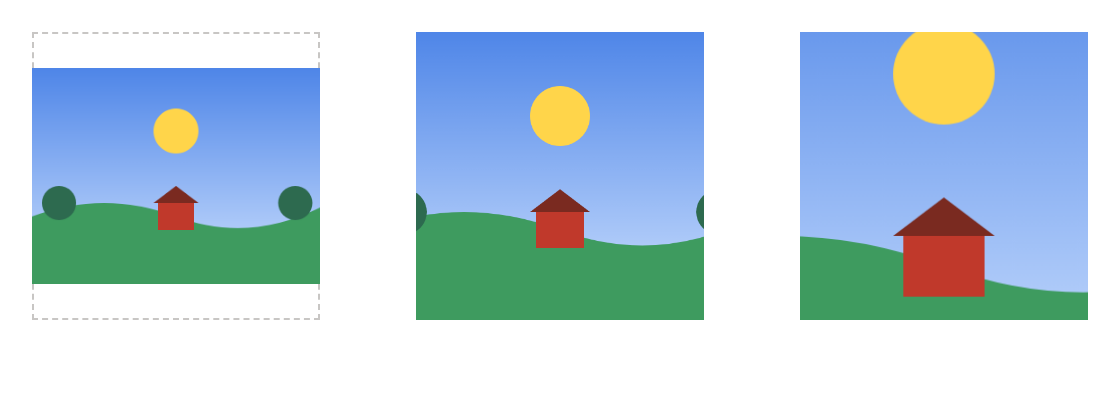 Ausschnitt der Entwurfsfläche mit drei quadratischen Kästen nebeneinander. In allen dreien liegt dasselbe Bild: eine gezeichnete Landschaft mit blauem Himmel, gelber Sonne, grünen Hügeln, einem roten Haus in der Mitte und zwei dunkelgrünen Bäumen am linken und rechten Bildrand. Im linken Kasten, den ein grauer gestrichelter Rahmen umgibt, steht das ganze Bild verkleinert, mit weißen Streifen oberhalb und unterhalb; beide Bäume sind zu sehen. Im mittleren Kasten füllt das Bild die ganze Fläche; die beiden Bäume sind seitlich abgeschnitten. Im rechten Kasten ist das Bild stark vergrößert: Nur Haus und Sonne sind noch zu sehen, die Sonne ist am oberen Rand angeschnitten.