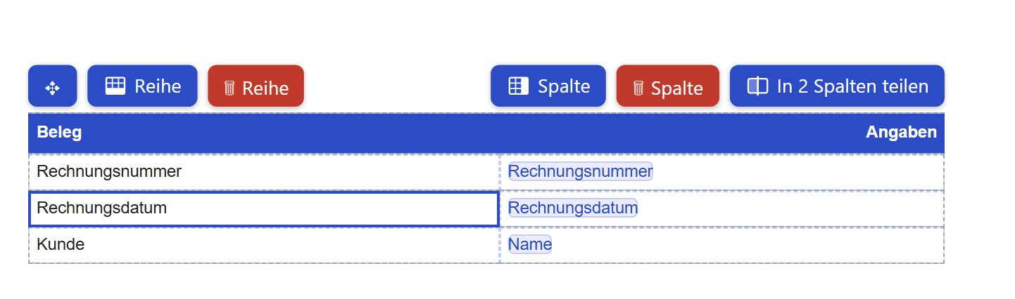 Ausschnitt der Entwurfsfläche mit einer freien Tabelle, Spaltentitel »Beleg« links und »Angaben« rechtsbündig. In den drei Reihen links stehen die schwarzen Texte »Rechnungsnummer«, »Rechnungsdatum« und »Kunde«, rechts jeweils eine blaue Feldmarke (Rechnungsnummer, Rechnungsdatum, Name). Die linke Zelle der zweiten Reihe hat einen durchgehenden blauen Rahmen. Über der linken Tabellenhälfte sitzt eine Leiste mit drei Knöpfen: Kreuz aus Pfeilen, »Reihe« und rot »Reihe« mit Papierkorb-Symbol. Über der rechten Hälfte sitzt eine Leiste mit »Spalte«, rot »Spalte« mit Papierkorb-Symbol und »In 2 Spalten teilen«.