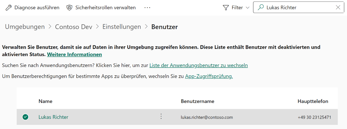 Die Benutzerliste der Umgebung mit der Zeile »Umgebungen › Name der Umgebung › Einstellungen › Benutzer«. Oben links die Knöpfe »Diagnose ausführen« und »Sicherheitsrollen verwalten«, oben rechts »Filter« und das Suchfeld mit dem Namen des Benutzers. Darunter die Liste mit den Spalten »Name«, »Benutzername« und »Haupttelefon« und einer einzigen, ausgewählten Zeile mit dem Namen des Benutzers, grünem Haken, Benutzername und Telefonnummer.