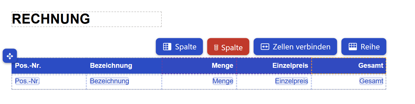 Ausschnitt der Entwurfsfläche mit einer Datentabelle, in der drei Kopfzellen markiert sind. Links oben steht die Überschrift »RECHNUNG«. Über der rechten Tabellenhälfte steht eine Leiste mit vier Knöpfen: blau »Spalte«, rot »Spalte« mit Papierkorb-Symbol, blau »Zellen verbinden« und blau »Reihe«. In der blauen Kopfzeile sind die drei rechten Zellen Menge, Einzelpreis und Gesamt violett gestrichelt umrandet und leicht abgedunkelt; die letzte (Gesamt) hat zusätzlich einen orangefarbenen Rahmen. Links über der Tabelle sitzt der Verschiebegriff mit dem Kreuz aus Pfeilen. Darunter steht die Musterzeile mit blauen Feldmarken.
