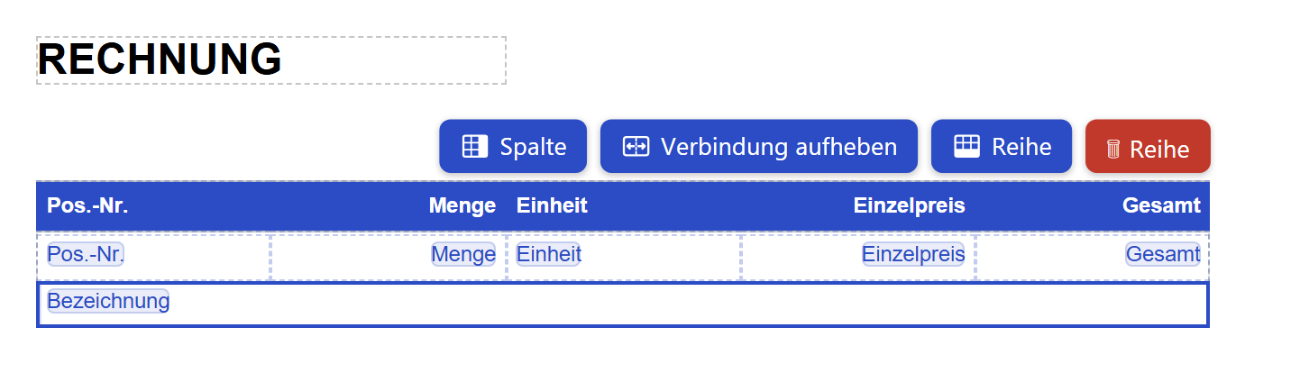 Ausschnitt der Entwurfsfläche. Links oben steht die Überschrift »RECHNUNG«. Über der Tabelle stehen vier Knöpfe: blau »Spalte«, blau »Verbindung aufheben«, blau »Reihe« und rot »Reihe« mit Papierkorb-Symbol. Die Tabelle hat eine blaue Kopfzeile (Pos.-Nr., Menge, Einheit, Einzelpreis, Gesamt), darunter die Musterzeile mit je einer blauen Feldmarke je Spalte und darunter eine dritte Reihe über die ganze Tabellenbreite mit kräftigem blauem Rahmen (markiert). In ihr links steht die blaue Feldmarke »Bezeichnung«.